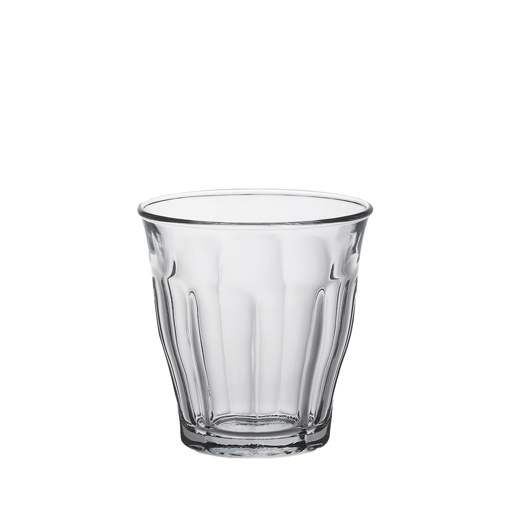 Duralex Le Picardie. Clear short glass tumbler with bevelled edges. Un tumbler court en verre transparent avec des bords biseautés.