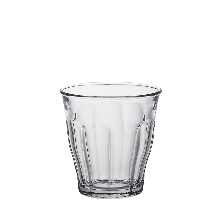 Duralex Le Picardie. Clear short glass tumbler with bevelled edges. Un tumbler court en verre transparent avec des bords biseautés.