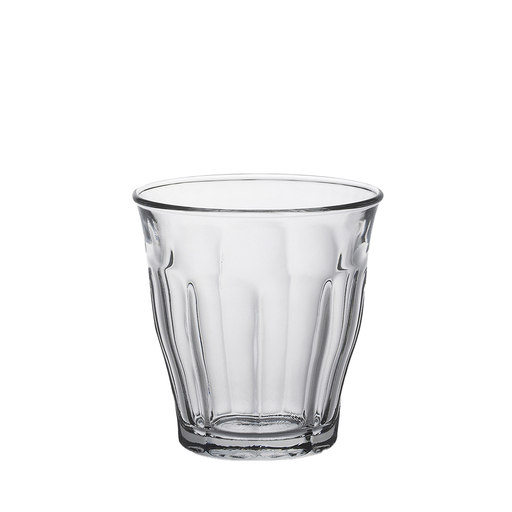 Duralex Le Picardie. Clear short glass tumbler with beveled edges. Un tumbler court en verre transparent avec des bords biseautés.