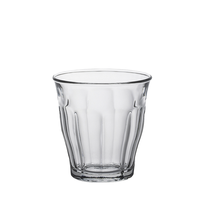 Duralex Le Picardie. Clear short glass tumbler with beveled edges. Un tumbler court en verre transparent avec des bords biseautés.