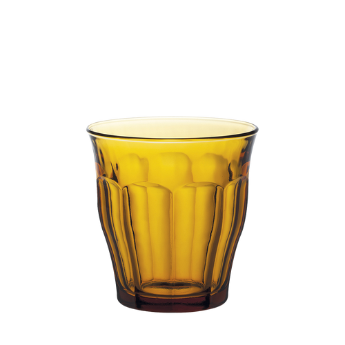 Duralex Le Picardie. Iconic medium amber yellow glass tumbler. Le verre iconique de taille moyenne en verre jaune vermeil.