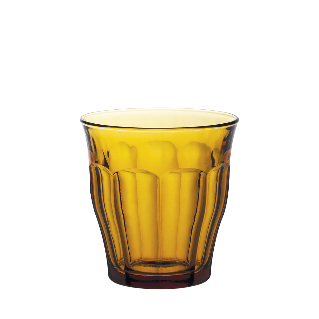 Duralex Le Picardie. Amber Yellow Glass Tumbler. Le verre en verre jaune vermeil.