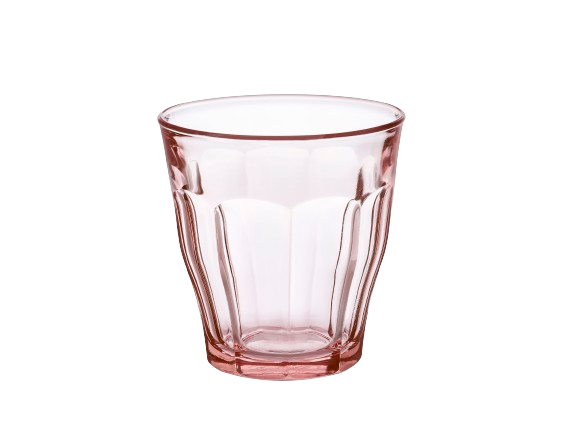 Duralex Le Picardie. Iconic pink short glass tumbler. Un tumbler iconique court en verre rose.