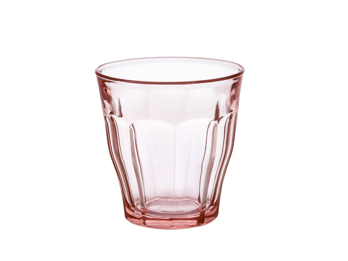 Duralex Le Picardie. A pink short glass tumbler with beveled edges. Un tumbler court en verre rose avec des bords biseautés.