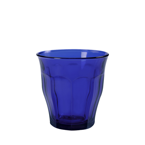 Duralex Le Picardie. Iconic medium sapphire blue glass tumbler. Le verre iconique de taille moyenne en verre bleu saphir.