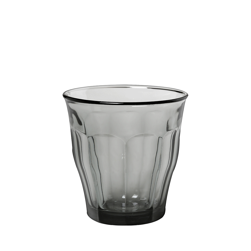 Duralex Le Picardie. Grey short glass tumbler with beveled edges. Un tumbler court en verre gris avec des bords biseautés.