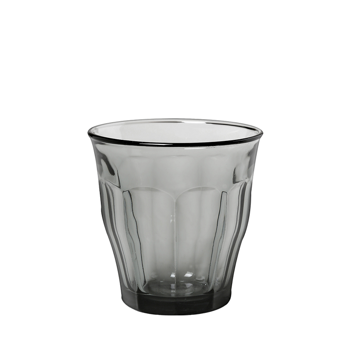 Duralex Le Picardie. Grey short glass tumbler with beveled edges. Un tumbler court en verre gris avec des bords biseautés.