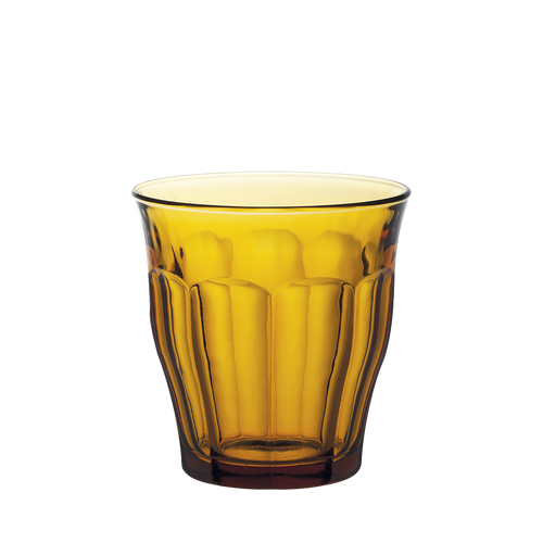 Duralex Le Picardie. Amber Yellow Glass Medium Tumbler. Le verre de taille moyenne en verre jaune vermeil.