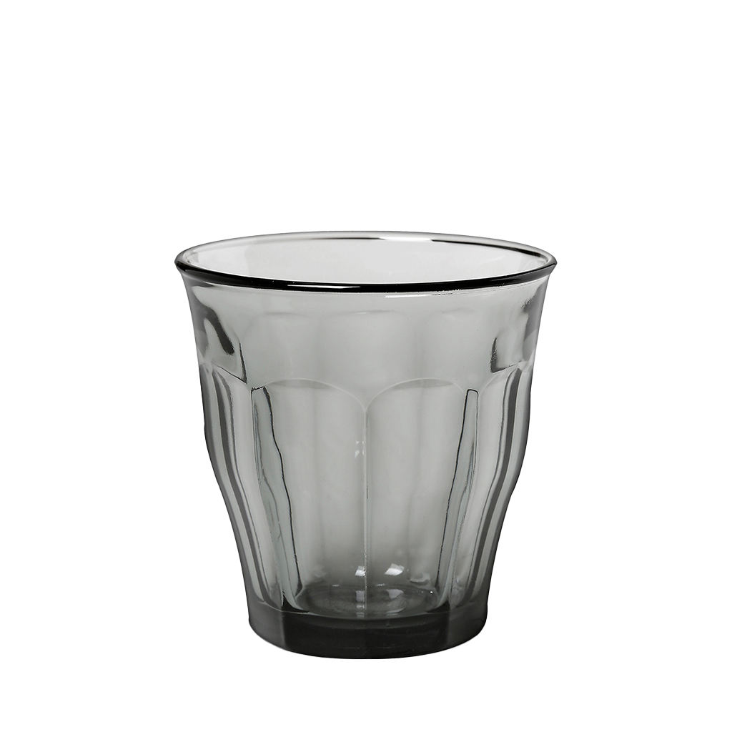 Duralex Le Picardie. A sepia short glass tumbler with beveled edges. Un tumbler court en verre sepia avec des bords biseautés.