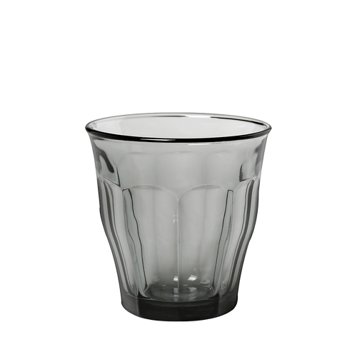 Duralex Le Picardie. A sepia short glass tumbler with beveled edges. Un tumbler court en verre sepia avec des bords biseautés.