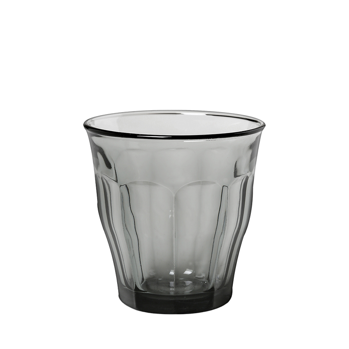 Duralex Le Picardie. A sepia short glass tumbler with beveled edges. Un tumbler court en verre sepia avec des bords biseautés.