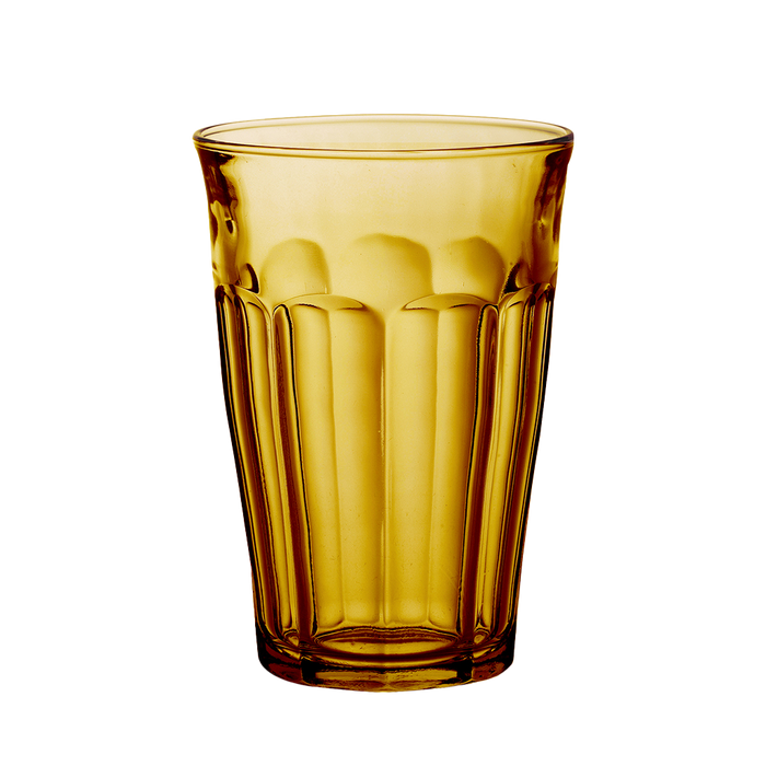Duralex Le Picardie. Amber Yellow Tall Glass Tumbler. Le verre haut en verre jaune vermeil.
