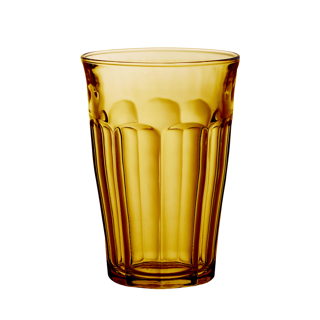 Duralex Le Picardie. Iconic amber Yellow Tall Glass Tumbler. Le verre iconique haut en verre jaune vermeil