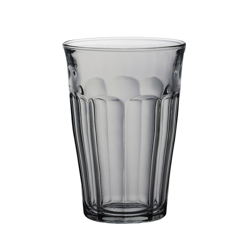 Duralex Le Picardie. A sepia tall glass tumbler with beveled edges. Un tumbler haut en verre sepia avec des bords biseautés
