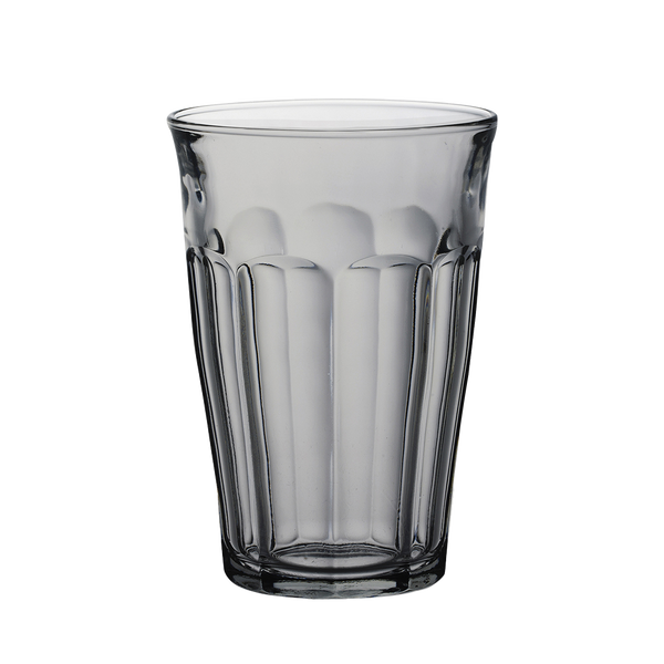 Duralex Le Picardie. A sepia tall glass tumbler with beveled edges. Un tumbler haut en verre sepia avec des bords biseautés