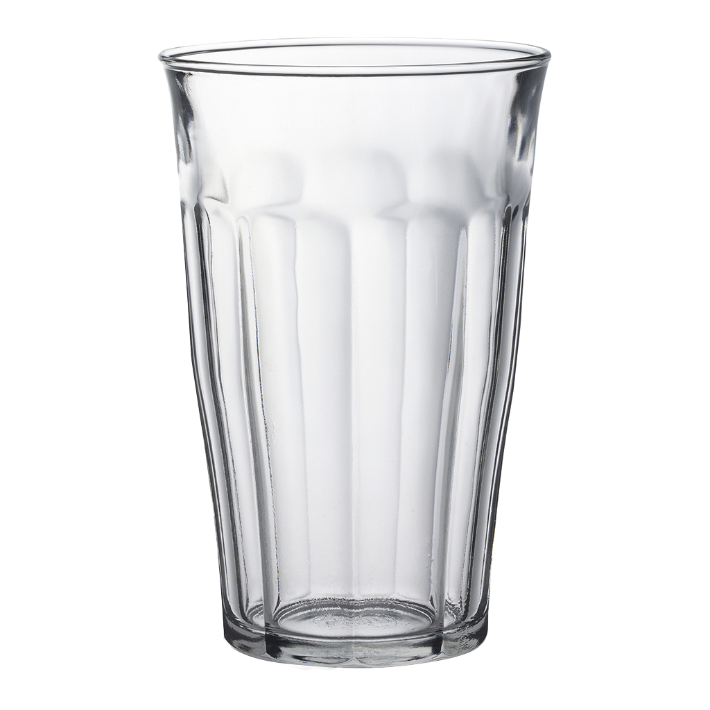 Duralex Le Picardie. A clear tall glass tumbler with beveled edges. Un tumbler haut en verre transparent avec des bords biseautés.