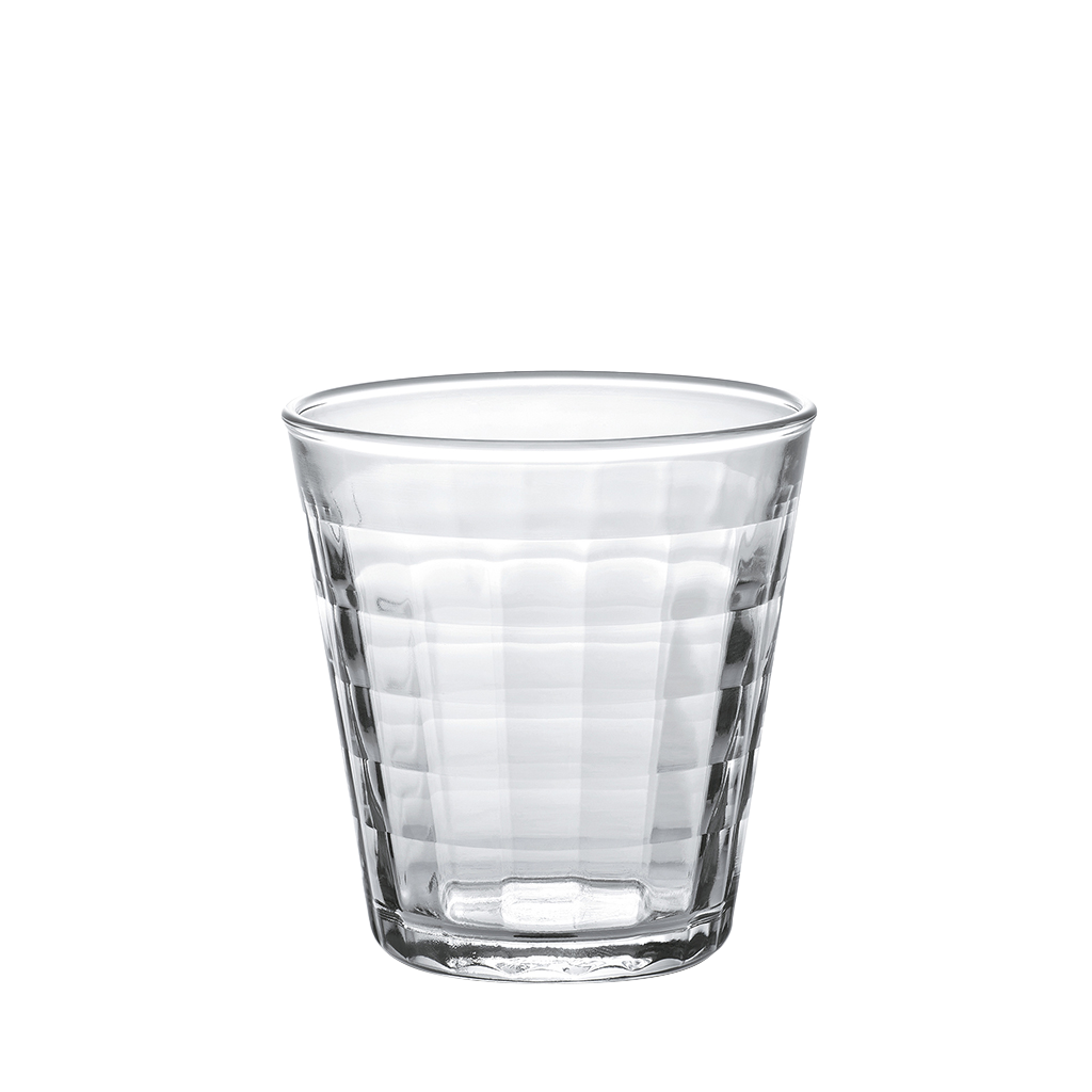 Duralex Prisme. Clear medium glass with elegant embossed check pattern. Le Verre moyen transparent avec un élégant motif à carreaux embossé.