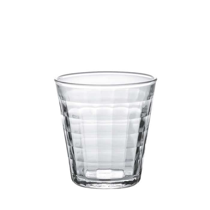 Duralex Prisme. Clear medium glass with elegant embossed check pattern. Le Verre moyen transparent avec un élégant motif à carreaux embossé.