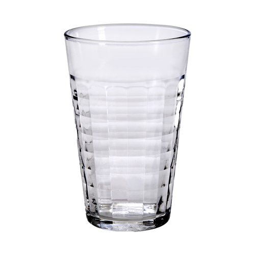 Duralex Prisme. Clear tall glass with elegant embossed check pattern. Un verre transparent haut avec un élégant motif en relief à carreaux.