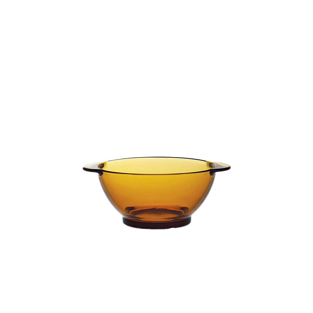 Duralex Lys. Amber Yellow Glass Bowl with Handles. Le bol à oreilles en verre jaune.