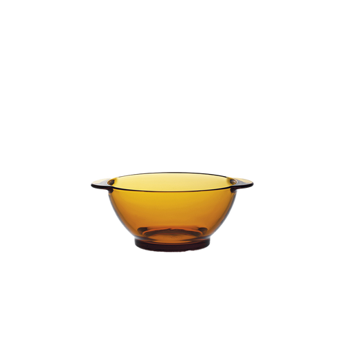 Duralex Lys. Amber Yellow Glass Bowl with Handles. Bol à oreilles en verre jaune.