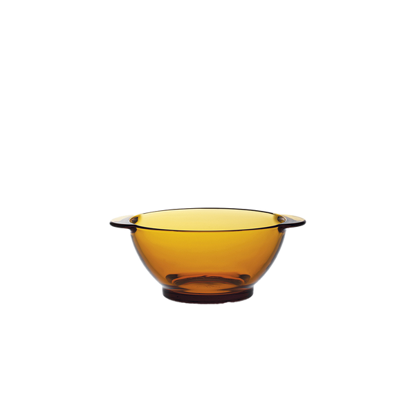 Duralex Lys. Amber Yellow Glass Bowl with Handles. Bol à oreilles en verre jaune.
