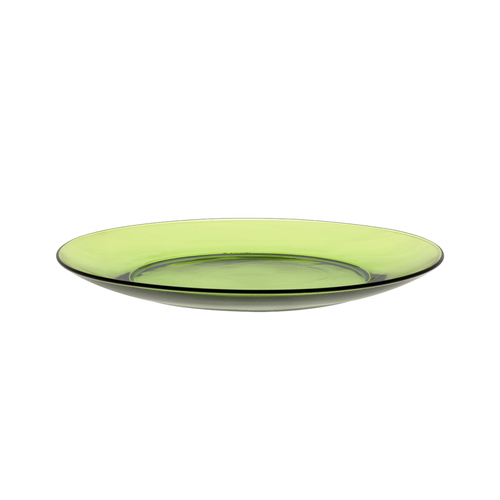 Duralex Lys. A stylish and minimalist green glass plate. Une assiette en verre vert, élégante et minimaliste.