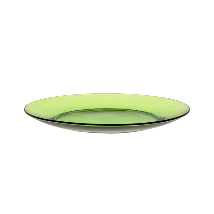 Duralex Lys. A stylish and minimalist green glass plate. Une assiette en verre vert, élégante et minimaliste.