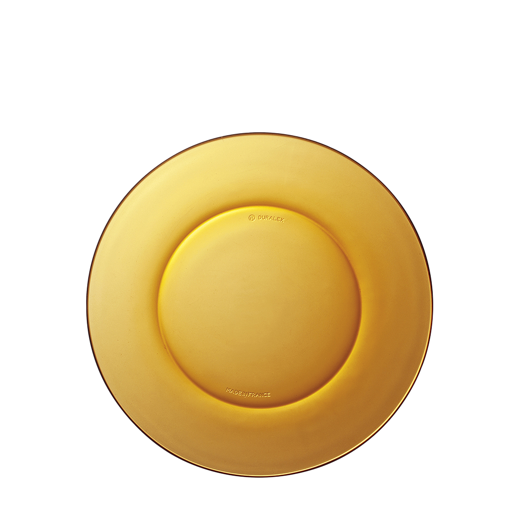Duralex Lys. Amber yellow glass plate. L'assiette en verre jaune ambré.