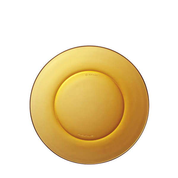 Duralex Lys. Amber yellow glass plate. L'assiette en verre jaune ambré.