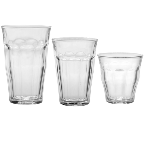 Duralex Le Picardie. Clear Glass Tumblers in Large, Medium, and Small. Les verres en verre transparent de grande taille, taille moyenne et petite taille.
