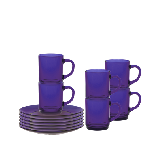 Duralex Lys. 12 Piece Sapphire Blue Set - Glass Mugs and Glass Plates. L'ensemble de 12 pièces en bleu saphir - Des tasses en verre et des assiettes en verre.