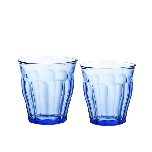 Duralex Le Picardie. Marine Blue Glass Tumblers in Small and Medium. Les verres en verre bleu marine de petite taille et taille moyenne.
