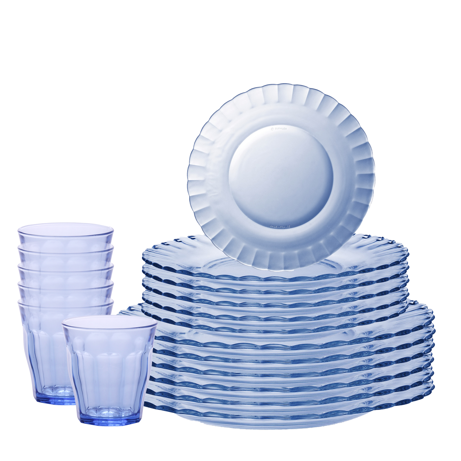 Duralex Le Picardie. 18 Piece Marine Blue Glass Dinnerware Tableware Set- Dinner Plates, Dessert Plates, Tumblers. L'ensemble de vaisselle en verre bleu marine de 18 pièces - des assiettes à dîner, des assiettes à dessert, des verres.