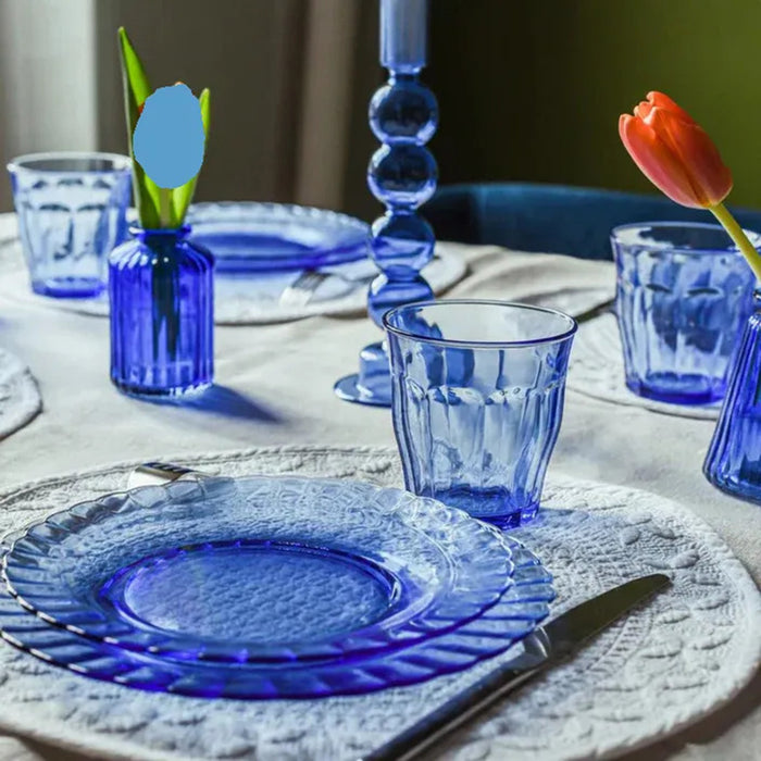 Duralex Le Picardie. Marine Blue Glass Dinnerware Tableware Set. L'ensemble de vaisselle en verre bleu marine.
