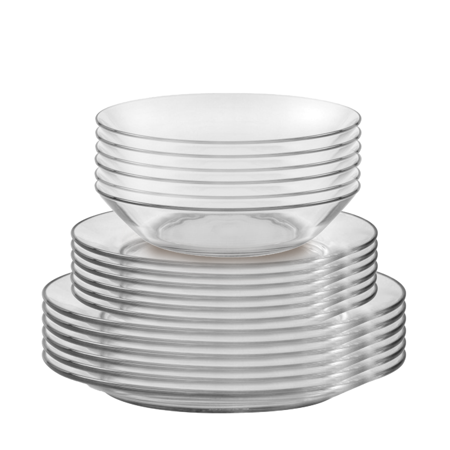 Duralex Lys. 18 Piece clear Glass Dinnerware Set.  Dinner Plates, Dessert Plates, and Soup Bowls. L'ensemble de vaisselle en verre transparent de 18 pièces. Des assiettes à dîner, des assiettes à dessert et des bols à soupe.