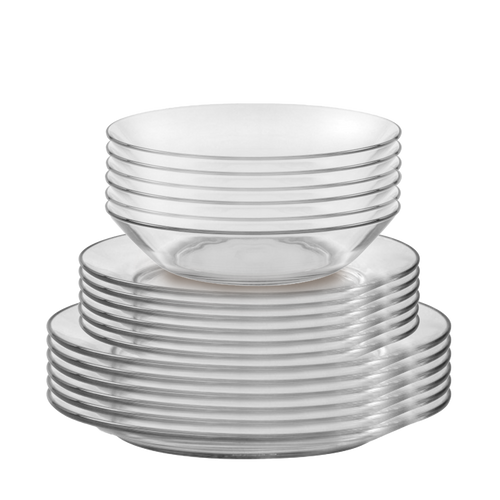 Duralex Lys. 18 Piece clear Glass Dinnerware Set.  Dinner Plates, Dessert Plates, and Soup Bowls. L'ensemble de vaisselle en verre transparent de 18 pièces. Des assiettes à dîner, des assiettes à dessert et des bols à soupe.
