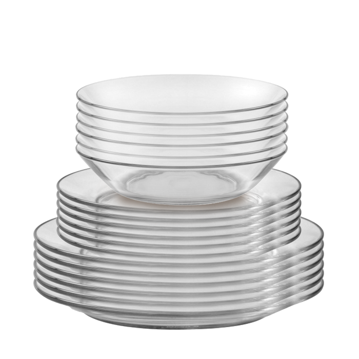 Duralex Lys. 18 Piece clear Glass Dinnerware Set.  Dinner Plates, Dessert Plates, and Soup Bowls. L'ensemble de vaisselle en verre transparent de 18 pièces. Des assiettes à dîner, des assiettes à dessert et des bols à soupe.