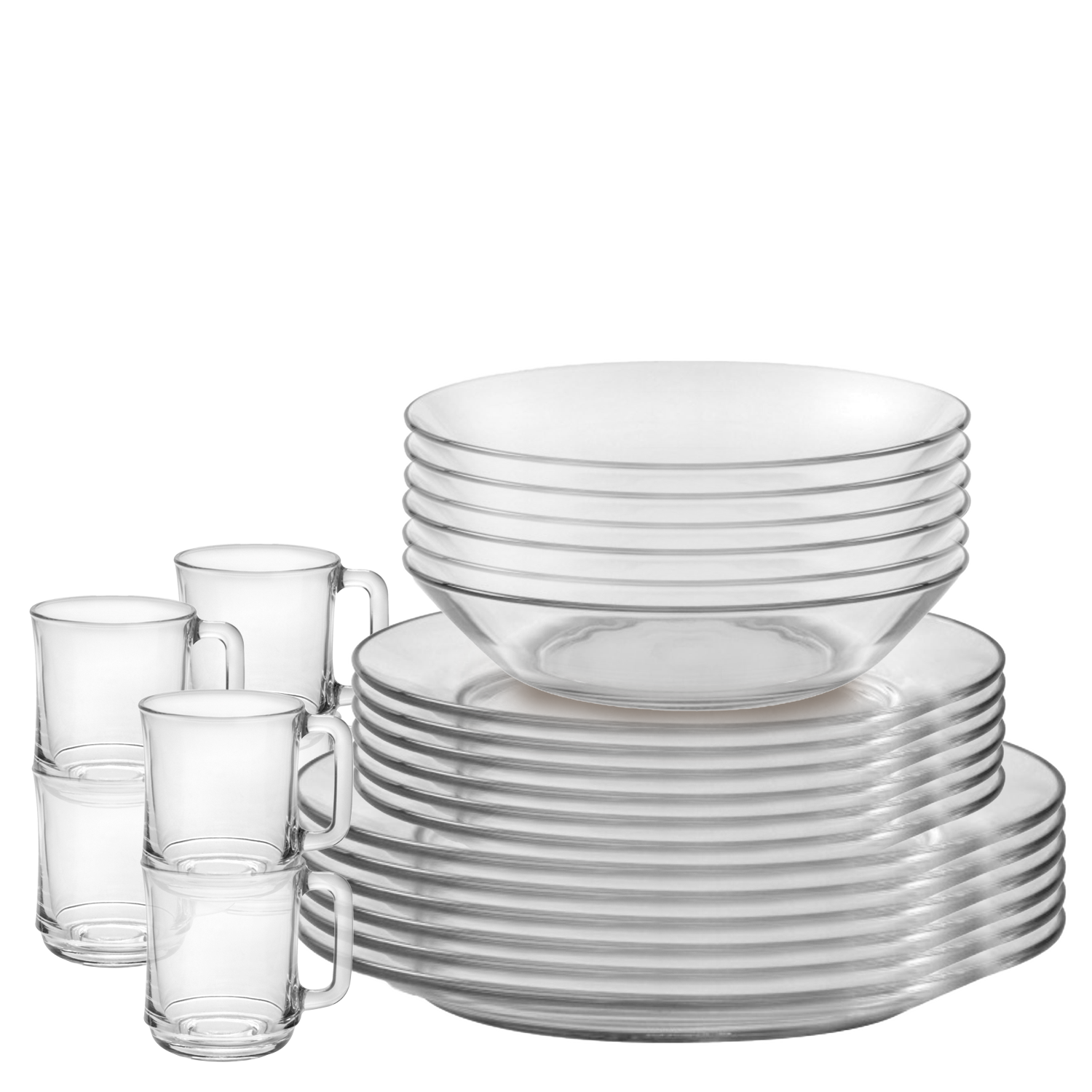 Duralex Lys. 24 Piece Clear Glass Tableware Set - Dinner Plates, Dessert Plates, Bowls, and mugs. L'ensemble de vaisselle en verre transparent de 24 pièces - des assiettes à dîner, des assiettes à dessert, des bols et des tasses.