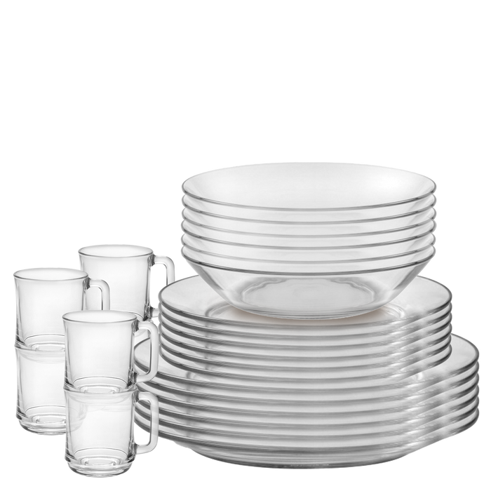 Duralex Lys. 24 Piece Clear Glass Tableware Set - Dinner Plates, Dessert Plates, Bowls, and mugs. L'ensemble de vaisselle en verre transparent de 24 pièces - des assiettes à dîner, des assiettes à dessert, des bols et des tasses.
