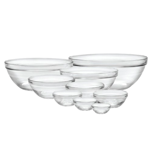Duralex Gigogne. Nine Clear Glass Stackble Salad and Mixing Bowls. Neuf bols à salade et à mélanger empilables en verre transparent.