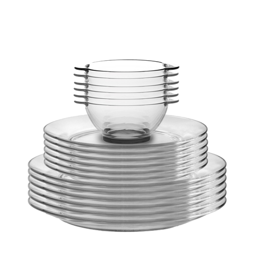 Duralex Lys. 18 Piece Clear Glass Tableware Set - Dinner Plates, Dessert Plates, and Bowls with handles. L'ensemble de vaisselle en verre transparent de 18 pièces - des assiettes à dîner, des assiettes à dessert et des bols à oreilles.