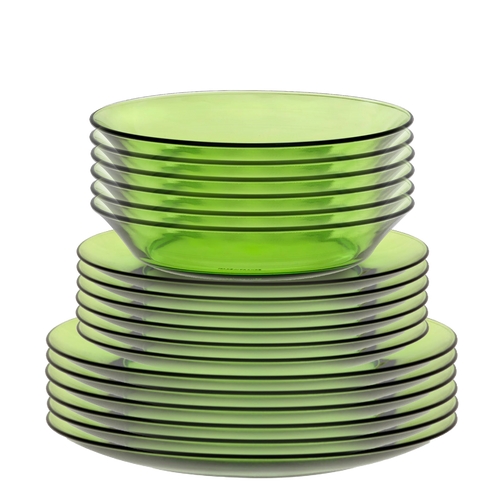 Duralex Lys. 18 piece Green Glass Dinnerware Set with Dinner Plates, Dessert Plates, and Bowls. L'ensemble de vaisselle en verre vert de 18 pièces avec des assiettes à dîner, des assiettes à dessert et des bols.