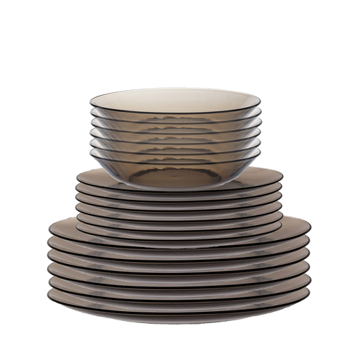 Duralex Lys. 18 Piece Sepia Dinnerware set. 6 Sepia glass dinner plates, 6 sepia glass dessert plates, 6 sepia glass bowls. Ensemble de vaisselle sepia de 18 pièces. 6 assiettes à dîner en verre sepia, 6 assiettes à dessert en verre sepia, 6 bols en verre sepia.