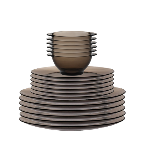 Duralex Lys. 18 Piece Dinnerware Set. 6 Sepia Glass Dinner Plates. 6 Sepia Glass Dessert Plates. 6 Sepia Bowls with handles. Ensemble de vaisselle de 18 pièces. 6 assiettes à dîner en verre sepia. 6 assiettes à dessert en verre sepia. 6 bols à oreilles en verre sepia.