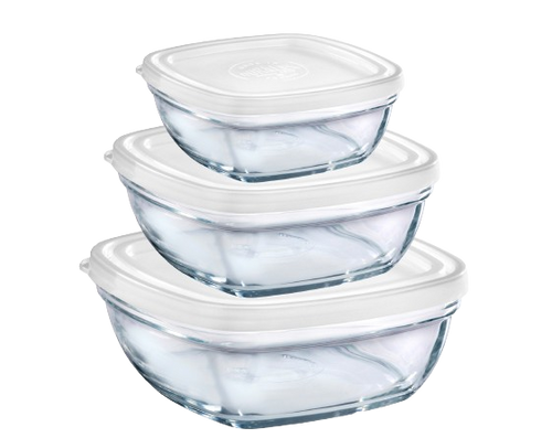 Duralex Freshbox. Three Large Square Clear Glass Food Containers with White Lids. Trois grands contenants alimentaires carrés en verre transparent avec des couvercles blancs.