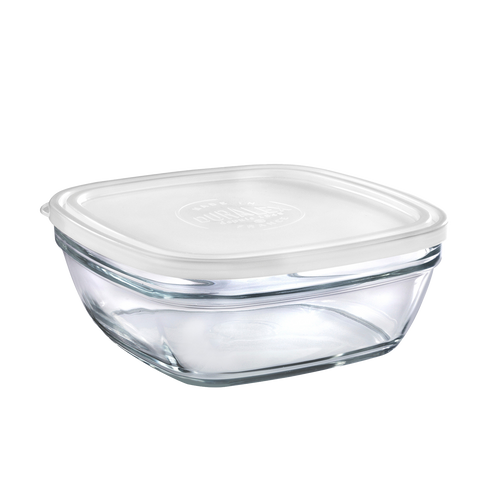 Duralex Freshbox. Clear Square Glass Food Container with White Lid. Le contenant alimentaire en verre transparent carré avec couvercle blanc.
