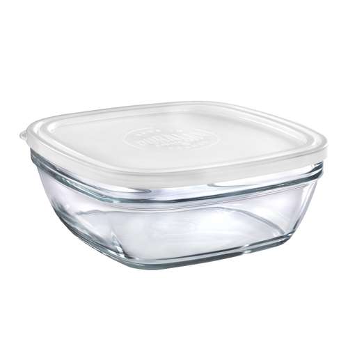 Duralex Freshbox. Clear Square Glass Food Container with White Lid. Le contenant alimentaire en verre transparent carré avec couvercle blanc.