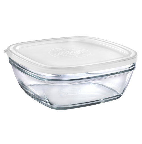 Duralex Freshbox. Clear Square Glass Food Container with White Lid. Le contenant alimentaire en verre transparent carré avec couvercle blanc.