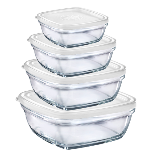 Duralex Freshbox. Four Large Square Clear Glass Food Containers with White Lids. Quatre grands contenants alimentaires carrés en verre transparent avec des couvercles blancs.